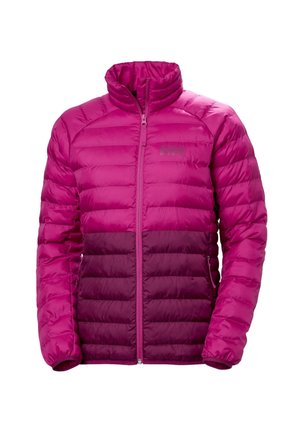 Chaqueta acolchada rosa y morado oscuro con cremallera frontal y dos bolsillos laterales con cremallera, mostrada en posición vertical contra un fondo blanco.