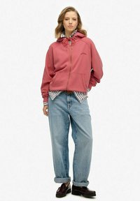 Hoodie rose avec fermeture éclair sur le devant, capuche avec cordon de serrage et poche kangourou, porté sur une chemise rayée et assorti à un jean loose bleu clair et des chaussures sombres.