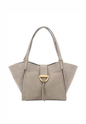 Gray suede trapezoid handbag with dual shoulder straps, gold-tone ring and clasp detail, and a decorative leather tassel at front center.