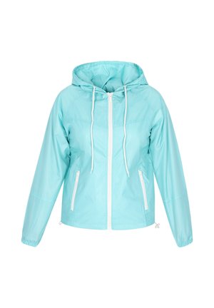 Giacca leggera turchese con cappuccio, zip anteriore e cordini bianchi. Presenta due tasche con zip bianche e polsini elasticizzati.