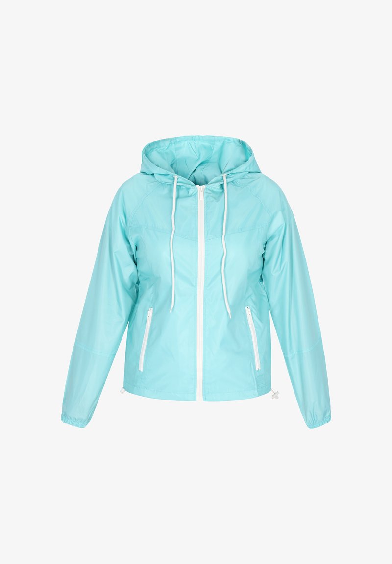 Letvæg turquoise jakke med hætte, frontlynlås og hvide snore. Har to hvide lynlåslommer og elastiske manchetter.