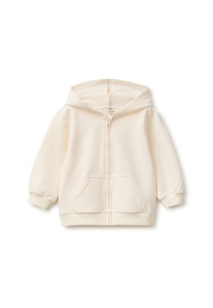 Sudadera con capucha para niños de color crema con cremallera, bolsillos delanteros y capucha, mostrada sobre un fondo blanco.