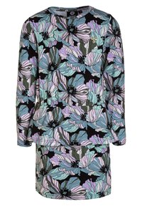 Sukienka w kwiaty z długimi rękawami, talią z baskinką, zdobiona dużymi pastelowymi kwiatami na ciemnym tle; posiada detal z boczną kieszenią.