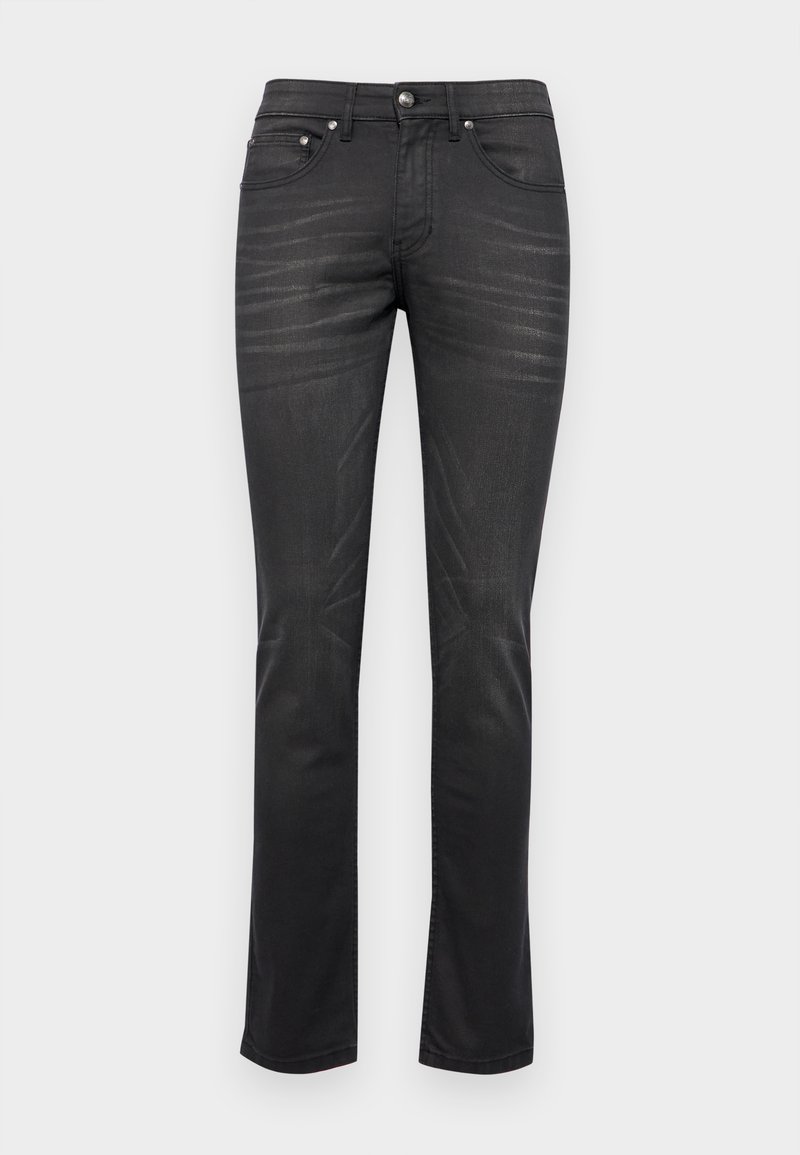 Jean en denim noir à coupe droite, avec un léger dégradé, un design à cinq poches et des garnitures en métal argenté sur l'avant.