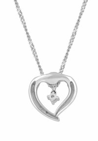 Hõbedast südamekujuline ripatsi kaelakee, avatud disainiga ja siledapinnaline; sisaldab väikest rippuvat lillemotiivi. Kett on lingitud ja poleeritud.