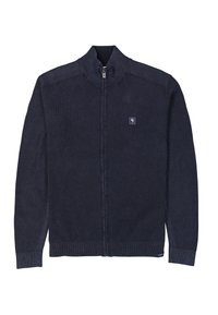 Sudadera con cremallera en azul marino, con un patrón de punto texturizado, cuello alto, puños de canalé y un pequeño parche de logo en el lado izquierdo del pecho.