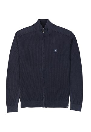 Sudadera con cremallera en azul marino, con un patrón de punto texturizado, cuello alto, puños de canalé y un pequeño parche de logo en el lado izquierdo del pecho.