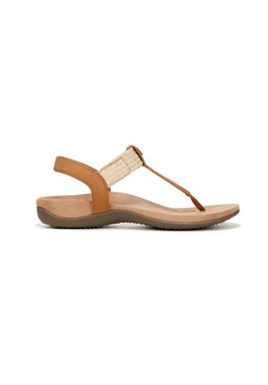 Brown leather thong sandal with a woven fabric strap and a cushioned footbed. Textured rubber outsole for grip and comfort.