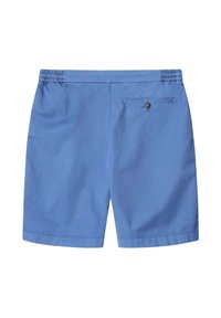 Pantaloni corti in cotone blu con vita elasticizzata, tasca posteriore con chiusura a bottone e una consistenza liscia. Finiscono a una lunghezza fino a metà coscia.