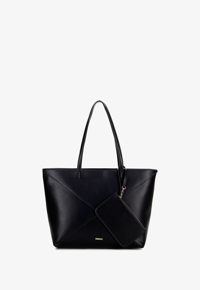 Zwarte leren tote bag met een hoekig ontwerp en een zachte textuur. Voorzien van lange hengsels en een afneembare bijpassende pouch met een rits.