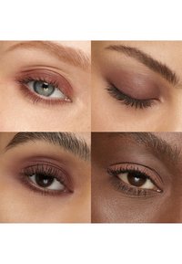 Vier close-up ogen met verschillende huidtinten en bruinige mauve oogschaduw, twee ogen open en twee ogen gesloten, met detail van de make-up.