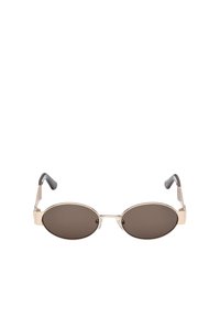 Kuoletut aurinkolasit tummilla ruskeilla linsseillä, metallinhohtoisella kultakehyksellä ja mustilla kaarilla. Säädettävät nenätyynyt mukavuutta varten.