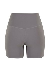 Pantalones cortos deportivos de tiro alto en gris, hechos de una tela elástica, con una textura suave, silueta ajustada y un diseño con costuras mínimas.