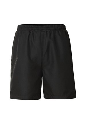 Czarne krótkie spodenki sportowe z elastycznym pasem i subtelnym logo marki na lewej udzie, pokazane na białym tle.