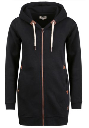 Mustap zip-up huppari, jossa on huppu, valmistettu pehmeästä materiaalista. Ominaisuuksiin kuuluvat ruskeat nahkakoristeet, kermaiset narut ja sivutaskut.