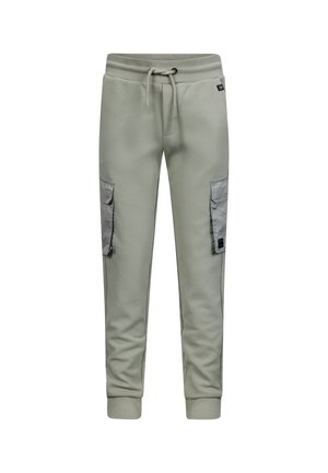 Lichtgroene sweatpants met elastische boorden en een tailleband met trekkoord. Twee zijvakken van cargo in een contrasterende grijze stof.