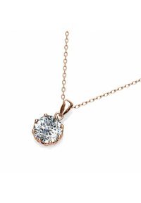 Collana in oro rosa con una pietra chiara rotonda e sfaccettata incastonata in un setting a sei artigli, attaccata a una fine catena.