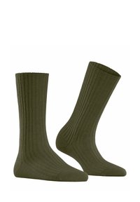 Skarpetki w oliwkowym kolorze z prążkowanego, miękkiego materiału. Posiadają wzmocnione palce i mankiety oraz wygodną wysokość w okolicy kostki.