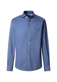 Chemise bleue à manches longues en tissu texturé, dotée d'un col classique, d'une fermeture boutonnée et d'un logo brodé subtil sur la poitrine.