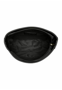 Czarna skórzana torebka o gładkiej teksturze, z zamknięciem na zamek i wyściełanym tkaniną wnętrzem. Posiada metkę oraz otwarty compartment.