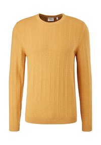 Pull en tricot jaune avec un motif chevrons texturé, col rond, et finitions côtelées au bas et aux poignets. Manches longues, finition douce.