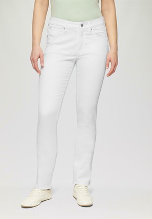 White slim-fit jeans with a smooth texture, classic five-pocket design, front button closure, and contrasting stitching details.