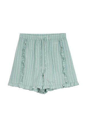 Lysegrønne dameshorts med hvide lodrette striber, flæsekant på lommer og kant, og elastisk talje med snøre.