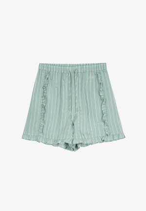 Lysegrønne dameshorts med hvide lodrette striber, flæsekant på lommer og kant, og elastisk talje med snøre.