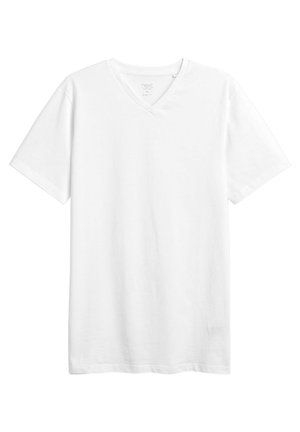 T-shirt blanc à manches courtes en col en V, fabriqué en coton. Il présente une coupe décontractée et une texture lisse, sans motifs ni graphiques visibles.