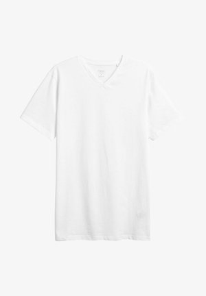 Weißes kurzärmliges V-Ausschnitt-T-Shirt aus Baumwolle. Verfügt über einen lässigen Schnitt und eine glatte Textur ohne sichtbare Muster oder Grafiken.