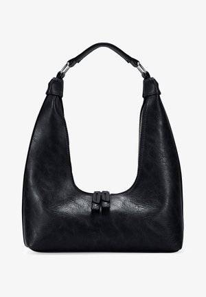 Bolso de hombro de imitación cuero negro con una silueta curvada, cierre con cremallera acentuado por dos tiradores negros y un asa ancha para un transporte cómodo.