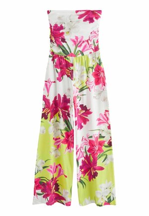 Stropfri buksedragt med vide ben, der har et livligt pink, hvidt og grønt blomsterprint på en lys baggrund.