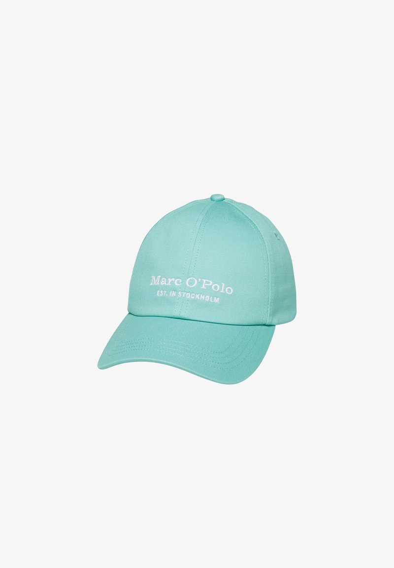 Casquette de baseball turquoise clair avec le texte blanc brodé "Marc O'Polo EST. IN STOCKHOLM" sur le devant.