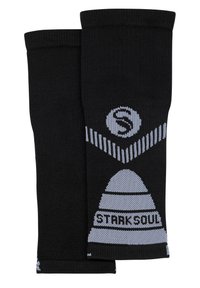 Muffole nere in maglia con un logo circolare e un motivo geometrico in grigio chiaro. Il testo recita "STARKSOUL" nella parte inferiore.