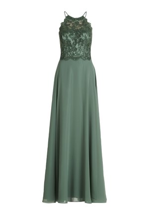 Green floor-length dress featuring a fitted bodice with intricate lace detailing and a flowy skirt. Adjustable straps complete the design.