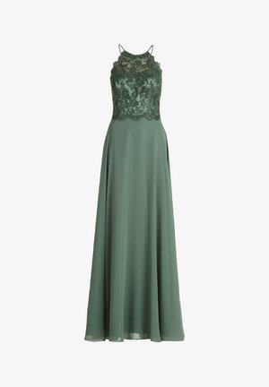 Grünes bodenlanges Kleid mit einem taillierten Oberteil und filigranen Spitzenverzierungen sowie einem fließenden Rock. Verstellbare Träger runden das Design ab.