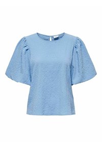 Haut bleu clair à manches courtes avec des manches bouffantes, tissu texturé, encolure ronde et détail en trou de serrure dans le dos.