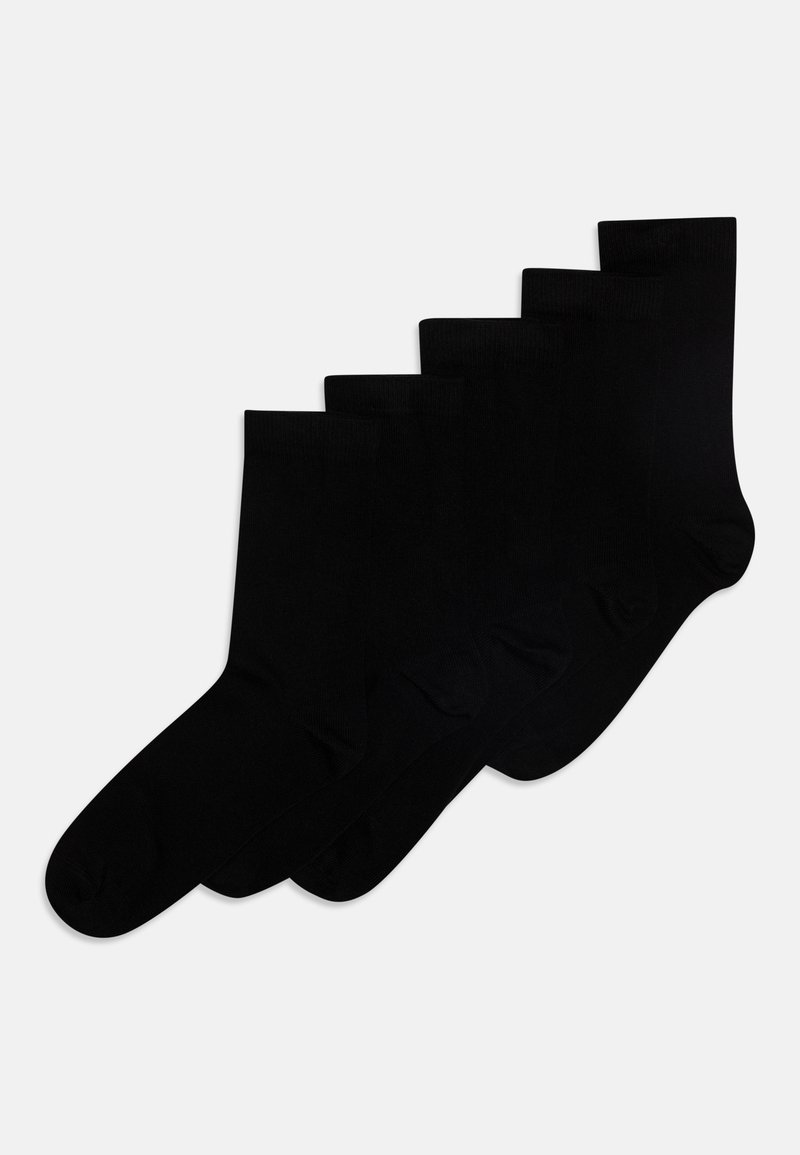 Schwarze Baumwollsocken, im Fünferpack, mittellange Sockenhöhe, gerippte Bündchen, glatte Textur, einheitliche Farbe, keine sichtbaren Muster oder Logos.