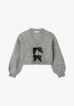 Grå cropped cardigan med lange puffede ærmer og to sorte satinsløjfebånd foran.