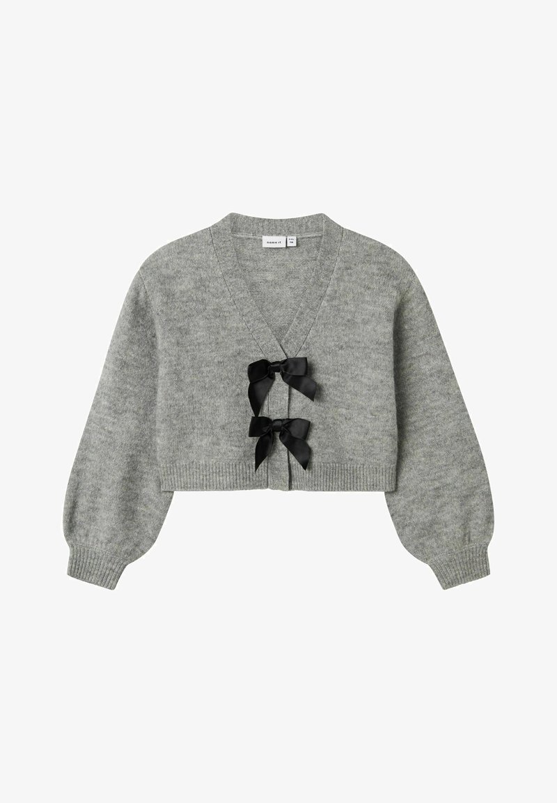 Cardigan court gris avec manches longues bouffantes et deux fermetures en nœuds de ruban satin noir à l’avant.