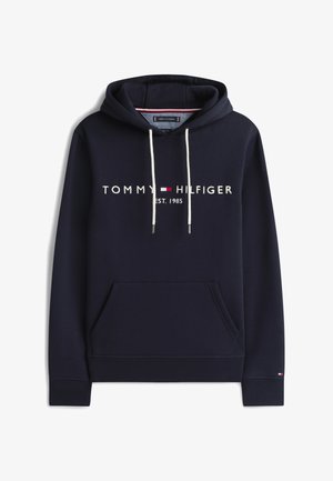 Navyblå hættetrøje lavet af en bomuldsblanding, med forlomme, snørebånd og logodetaljer i hvid og rød.