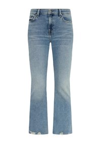 Jasnoniebieskie dżinsy typu denim z wysokim stanem, prostą nogawką, subtelnym wyblaknięciem oraz postrzępionym wykończeniem dołu. Styl pięciu kieszeni, z metalowym zapięciem.