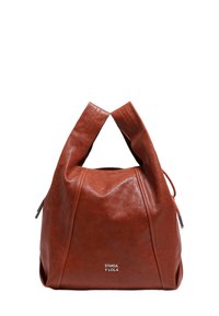 Rjava usnjena torba z edinstveno skulpturalno obliko, ki ima dvojni zgornji ročaj in blagovno znamko na sprednji strani.