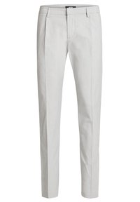 Světle šedé kalhoty z jemného materiálu s uhlazenou texturou, mají plochý přední díl, poutka na pásek a rovné nohavice.