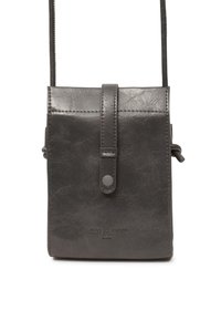 Piccolo borsa a tracolla in pelle grigia scura con pattina frontale, chiusura a bottone a pressione e logo in rilievo "nice things" sulla parte frontale inferiore.