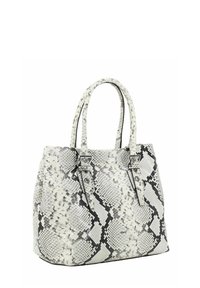 Sac à main à motif serpent en blanc et gris, avec deux poignées supérieures et des accents en métal argenté. Forme rectangulaire, surface texturée.