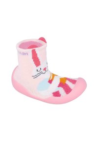 Calcetines infantiles rosas con un diseño de conejito, parte superior de punto suave y suela de goma. Presenta patrones coloridos y un ajuste acogedor y ceñido.