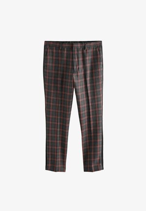 Šedé kostkované kalhoty s červenými akcenty, s dobře padnoucím střihem, kapsami na obou stranách a rovnými nohavicemi.