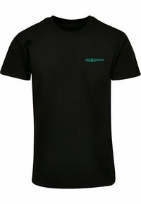 Sort bomulds T-shirt med rund halsudskæring og korte ærmer. På forsiden er der teal-farvet tekst "DIE FLIPPERS" i en moderne skrifttype.