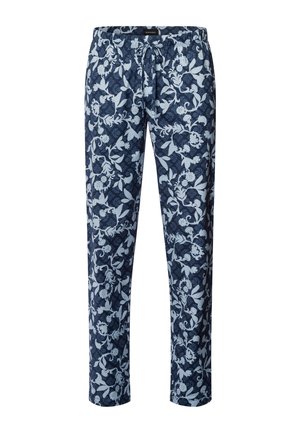 Navyblauwe pyjamabroek met een bloemenpatroon in lichtblauw. Voorzien van een elastische tailleband met een trekkoord. Gemaakt van zachte stof.